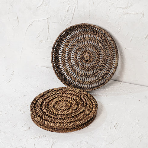 Spiral Rattan woven Placemats with holder - Dark Brown - Coastal Villa Homeware