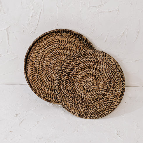 Spiral Rattan woven Placemats with holder - Dark Brown - Coastal Villa Homeware