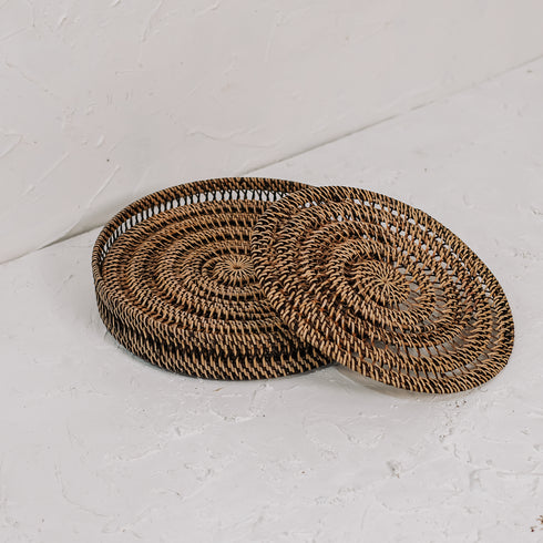 Spiral Rattan woven Placemats with holder - Dark Brown - Coastal Villa Homeware