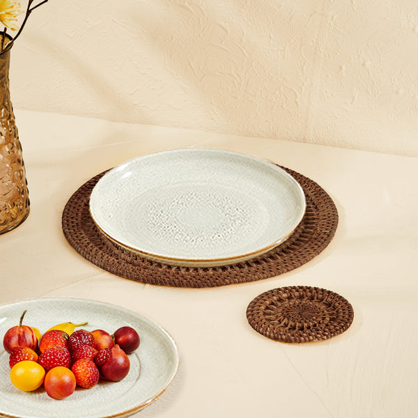Spiral Rattan woven Placemats with holder - Dark Brown - Coastal Villa Homeware