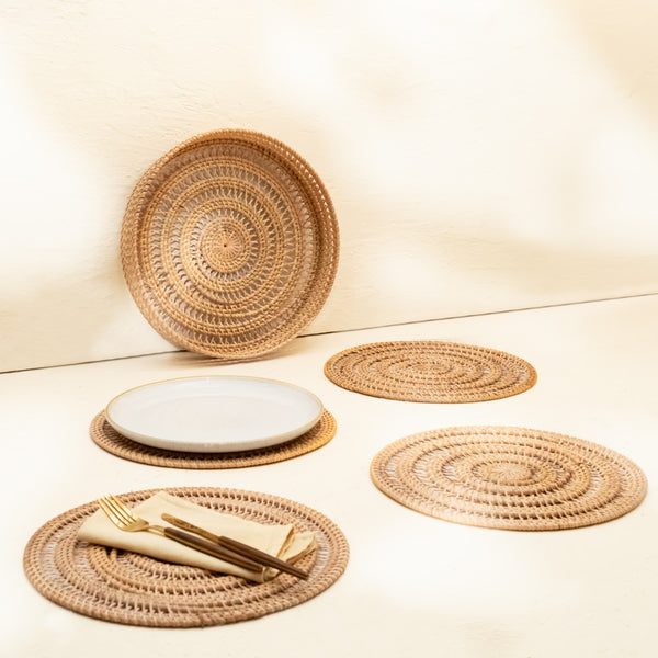 Spiral Rattan woven Placemats with holder - Natural - Coastal Villa Homeware