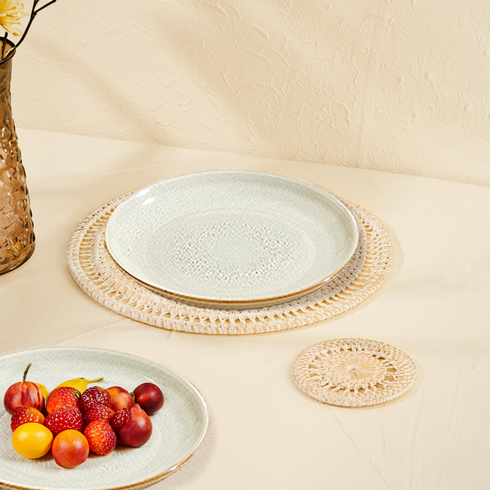 White wash spiral rattan placemats with holder close up