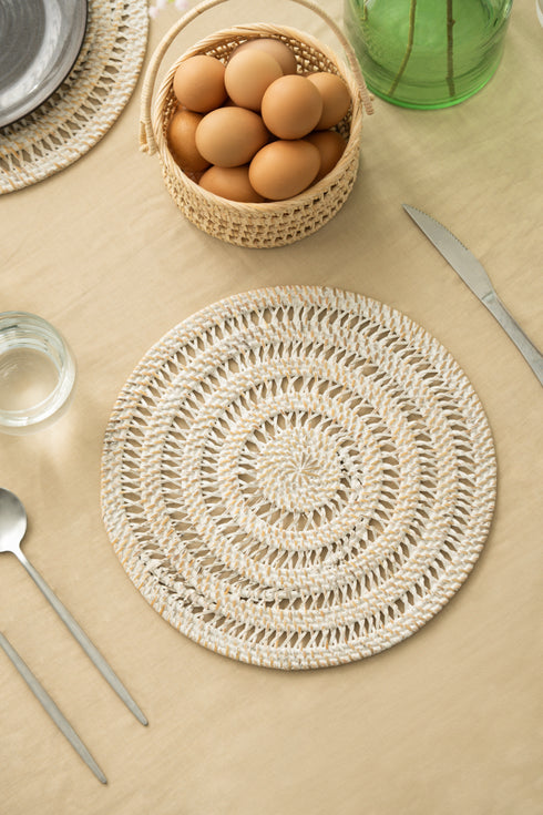 Spiral Rattan woven Placemats with holder - White wash - Coastal Villa Homeware