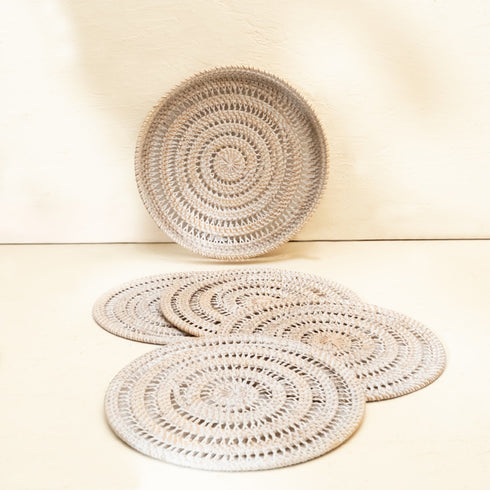 Spiral Rattan woven Placemats with holder - White wash - Coastal Villa Homeware
