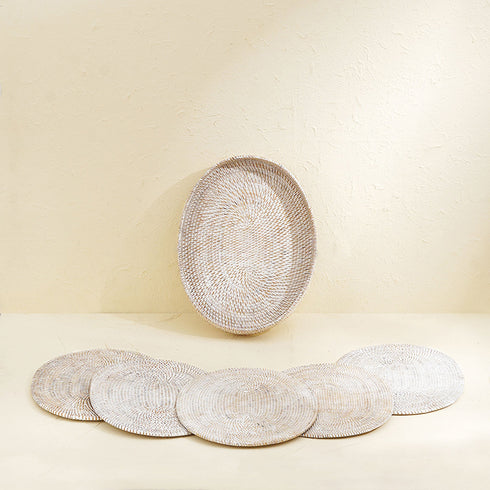White wash oval rattan placemats with holder lifestyle
