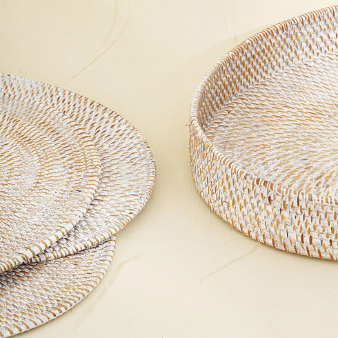 White wash oval rattan placemats with holder styled
