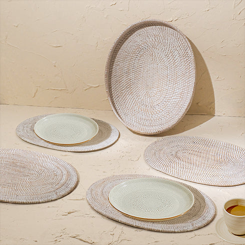 Oval Placemats Set with Holder - White Wash - Coastal Villa Homeware