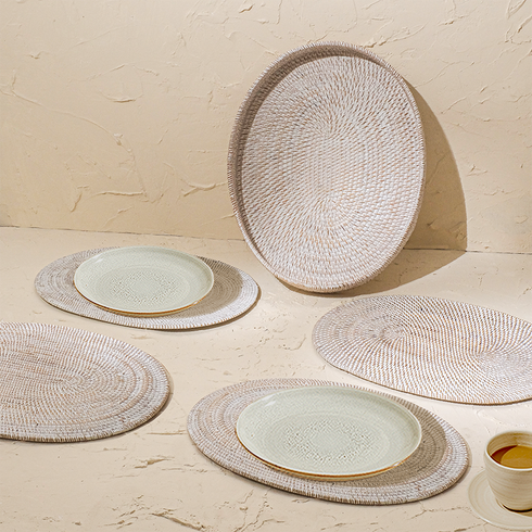 White wash oval rattan placemats with holder set