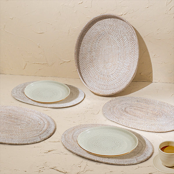 Oval Placemats Set with Holder - White Wash - Coastal Villa Homeware