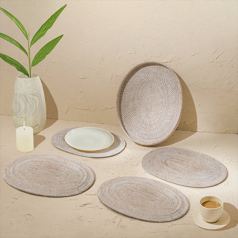 Oval Placemats Set with Holder - White Wash - Coastal Villa Homeware