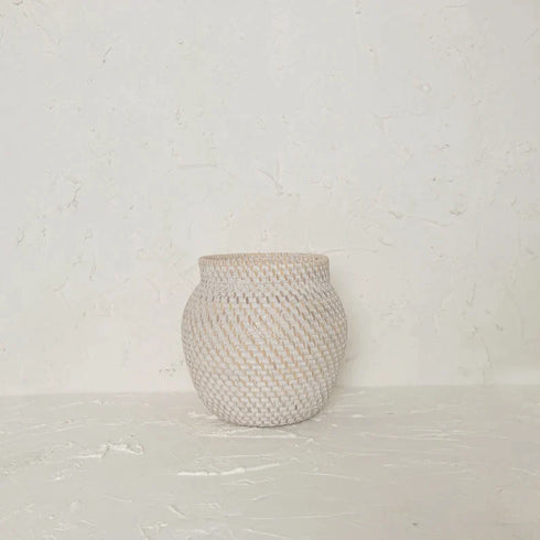 Woven Rattan Flower Vase in white wash and natural - Coastal Villa Homeware