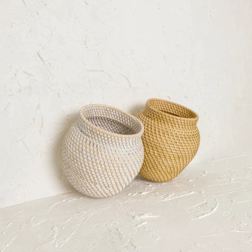 Woven Rattan Flower Vase in white wash and natural - Coastal Villa Homeware
