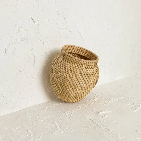 Woven Rattan Flower Vase in white wash and natural - Coastal Villa Homeware