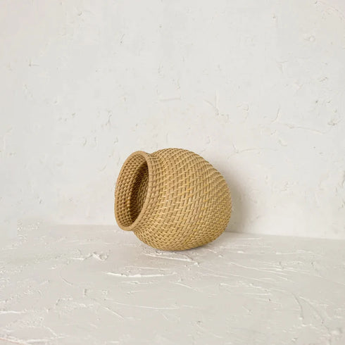 Woven Rattan Flower Vase in white wash and natural - Coastal Villa Homeware