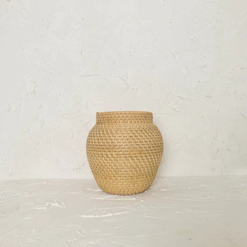 Woven Rattan Flower Vase in white wash and natural - Coastal Villa Homeware