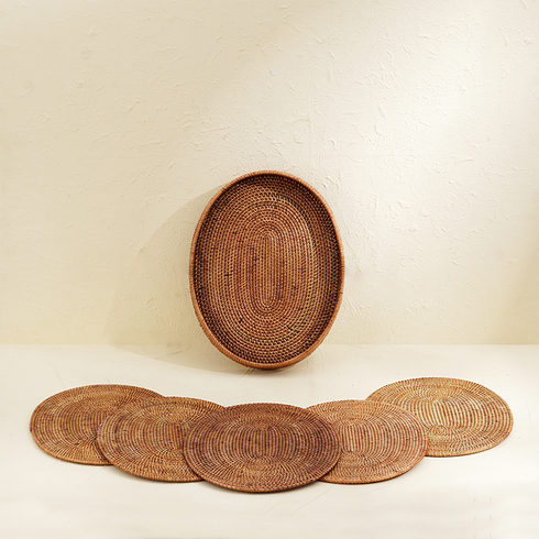 Honey brown oval rattan placemats with holder lifestyle