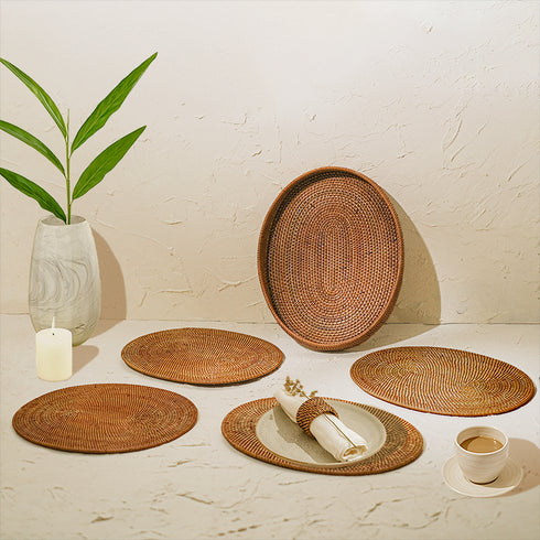 Oval Placemats Set with Holder - Honey Brown - Coastal Villa Homeware