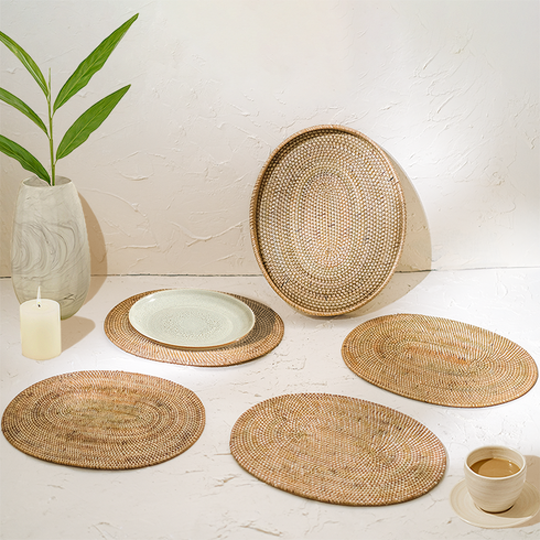 Natural oval rattan placemats with holder set