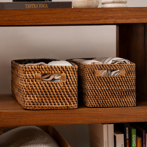 Colourful rattan storage baskets in 4 colours - Coastal Villa Homeware