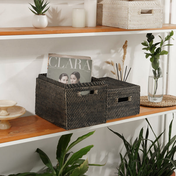 Rattan Storage Basket - Black Wash - Coastal Villa Homeware