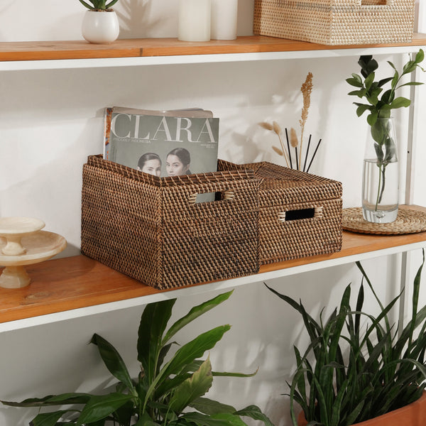 Rattan Storage Basket - Dark Brown - Coastal Villa Homeware