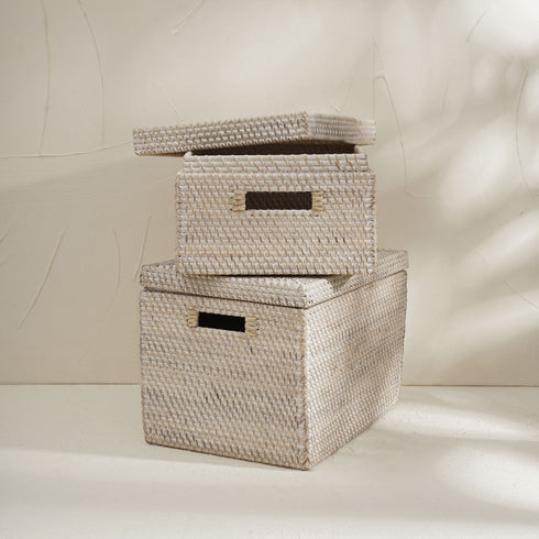 Rattan Storage Basket - White Wash - Coastal Villa Homeware