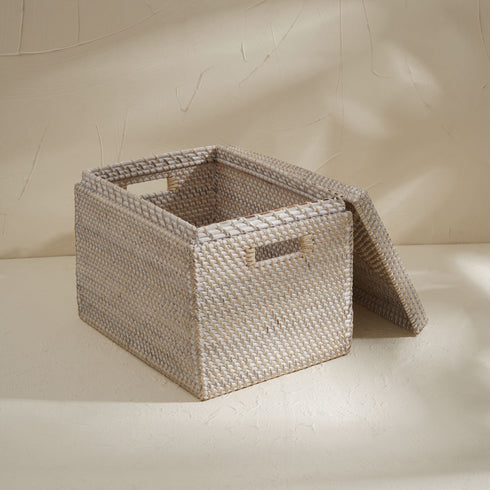 Rattan Storage Basket - White Wash - Coastal Villa Homeware
