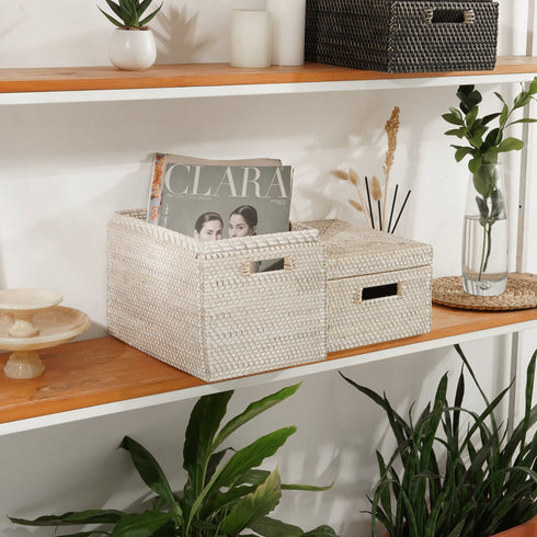 Rattan Storage Basket - White Wash - Coastal Villa Homeware
