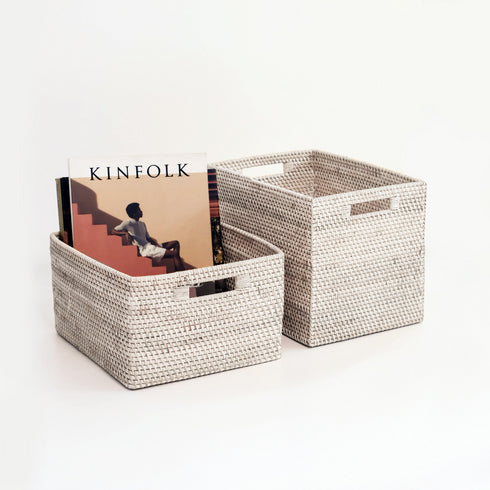 Rattan Storage Basket - White Wash - Coastal Villa Homeware