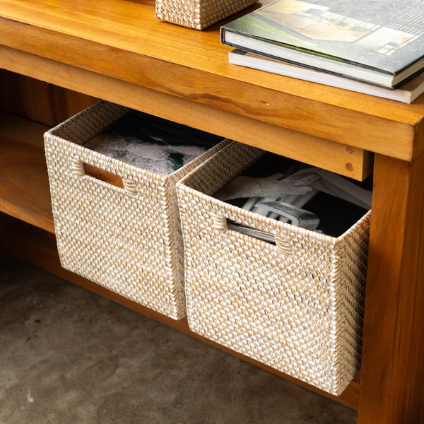 Rattan Storage Basket - White Wash - Coastal Villa Homeware