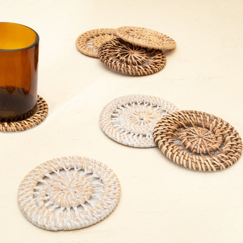 Rattan Spiral Round Coasters 10cm x 10cm In 3 Colour Washes - Coastal Villa Homeware