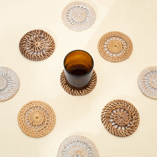 Rattan Spiral Round Coasters 10cm x 10cm In 3 Colour Washes - Coastal Villa Homeware