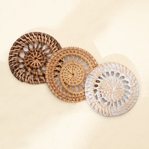 Rattan Spiral Round Coasters 10cm x 10cm In 3 Colour Washes - Coastal Villa Homeware