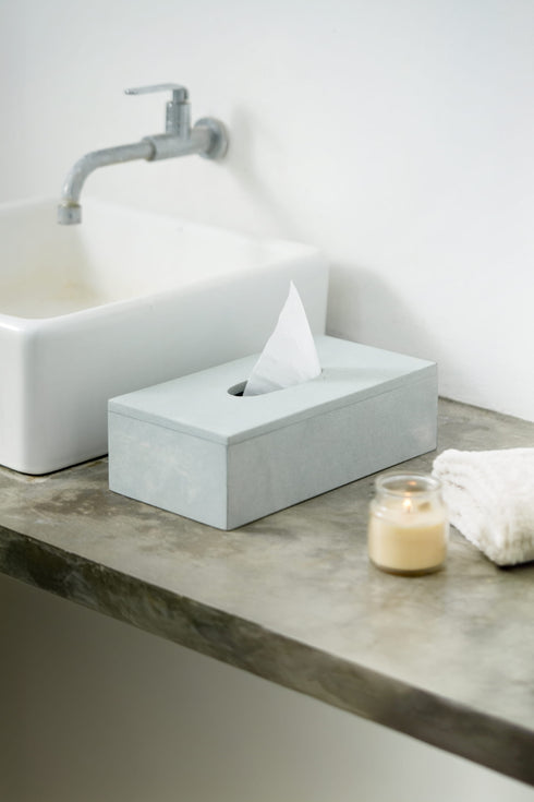 Zolite tissue box in bathroom