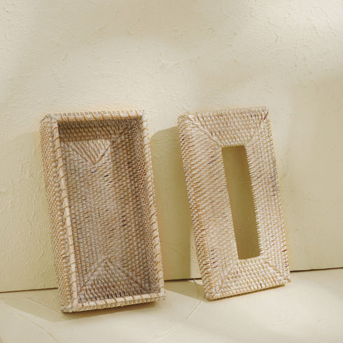 Rectangular Tissue Holder - Wicker Rattan Tissue Box Cover - Coastal Villa Homeware