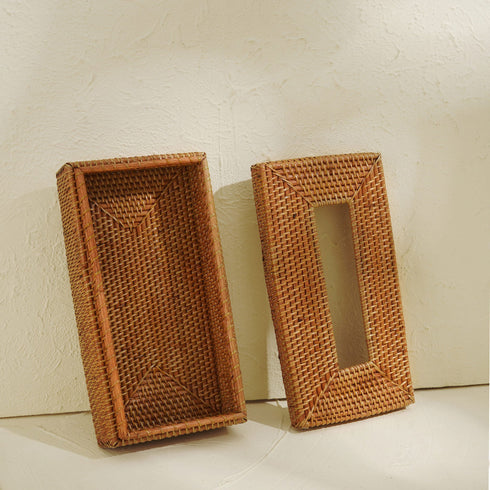 Rectangular Tissue Holder - Wicker Rattan Tissue Box Cover - Coastal Villa Homeware