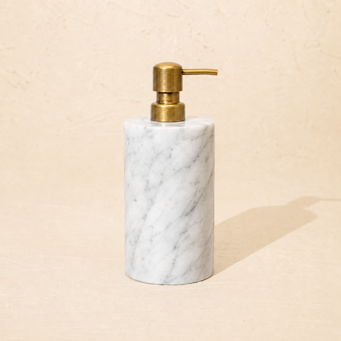 Carrara marble soap dispenser with antique brass metal pump