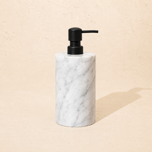 Carrara marble soap dispenser with matt black metal pump