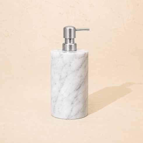 Carrara marble soap dispenser with satin brushed silver metal pump