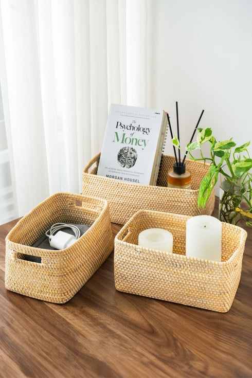 Colourful rattan storage baskets in 4 colours - Coastal Villa Homeware