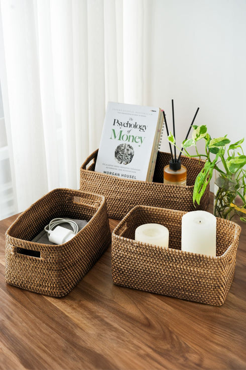 Colourful rattan storage baskets in 4 colours - Coastal Villa Homeware