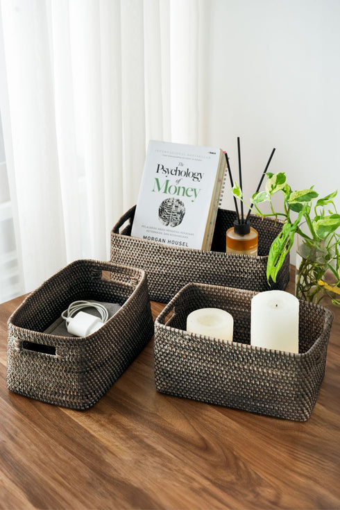 Colourful rattan storage baskets in 4 colours - Coastal Villa Homeware
