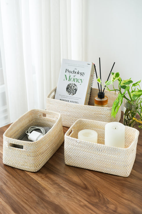 Colourful rattan storage baskets in 4 colours - Coastal Villa Homeware