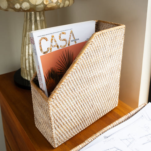 Rattan File Holder - Magazine Holder and a4 docment - Coastal Villa Homeware