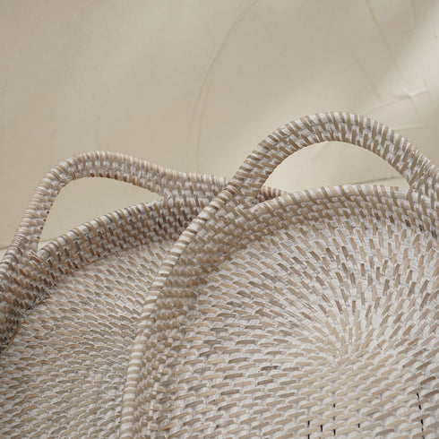 Two Set Oval Shape Rattan Tray in Close Up View