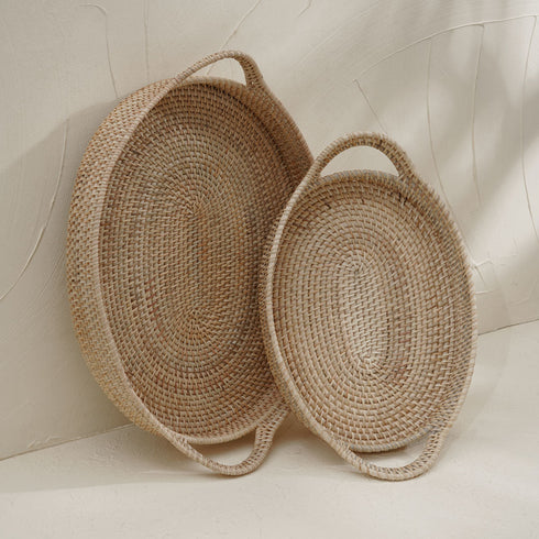Oval Rattan wicker Woven Tray with Handles-4 Colours in large and small - Coastal Villa Homeware