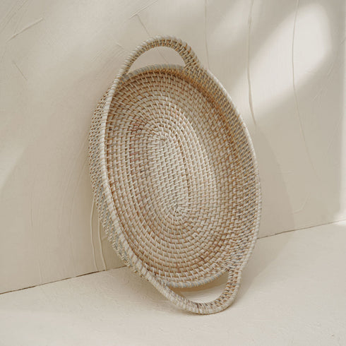 Oval Rattan wicker Woven Tray with Handles-4 Colours in large and small - Coastal Villa Homeware