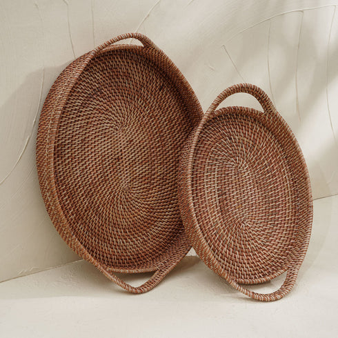 Oval Rattan wicker Woven Tray with Handles-4 Colours in large and small - Coastal Villa Homeware