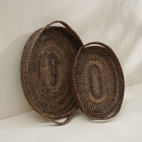 Oval Rattan wicker Woven Tray with Handles-4 Colours in large and small - Coastal Villa Homeware