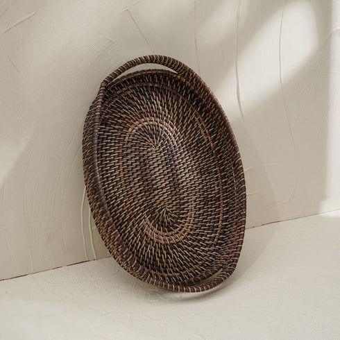 Oval Rattan wicker Woven Tray with Handles-4 Colours in large and small - Coastal Villa Homeware